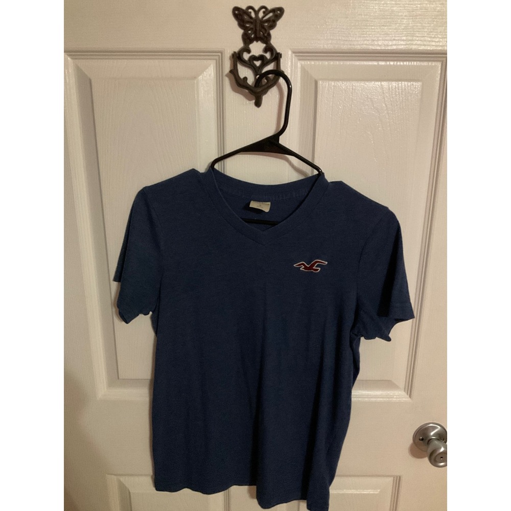 Hollister California Mens V-Neck Short Sleeve T-Shirt Blue Heathered Logo Small